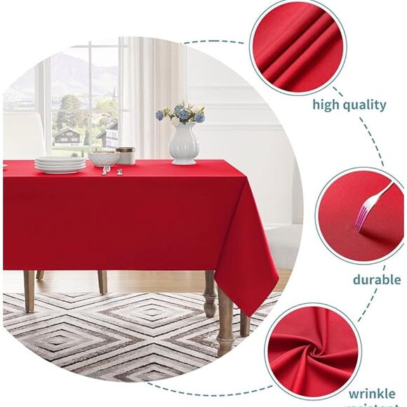 Red Tablecloth Rectangle Waterproof Spill-Proof Wrinkle-Free Tablecloth Washable - Picture 3 of 4